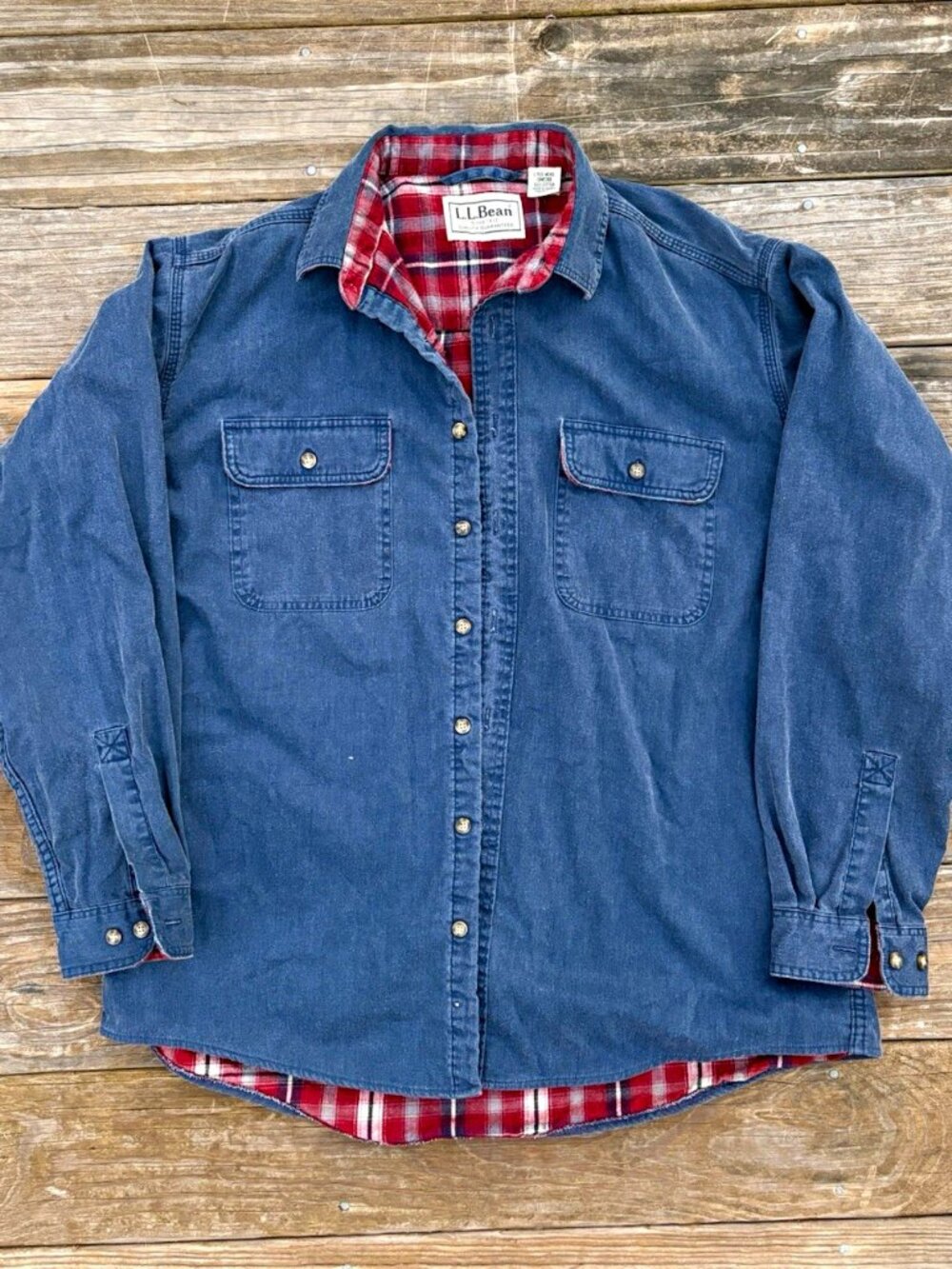 Vintage 90s LL Bean Flannel Lined Denim Shirt Jacket Made in Canada Mens Large